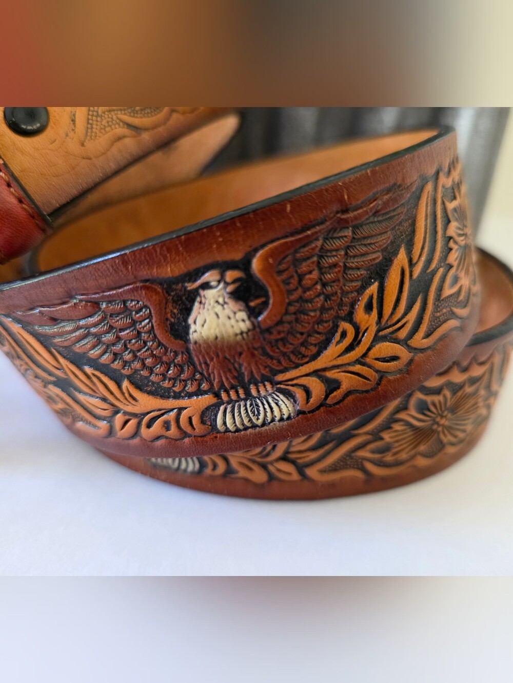 Vintage Tooled Leather American Eagle Belt USA Made Womens Size 36 Western - Picture 3 of 9